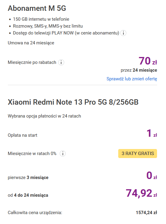 Oferta abonamentu z telefonem w Play